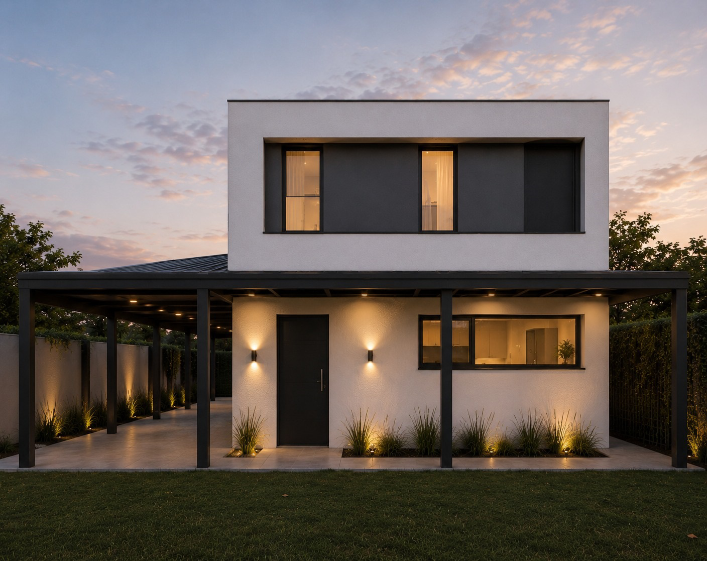 Render de vivienda minimalista de una planta